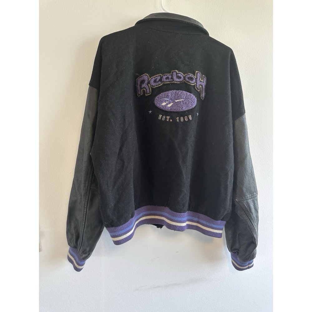Vintage‎ Reebok Jacket 90s Leather Wool Varsity Black Large
